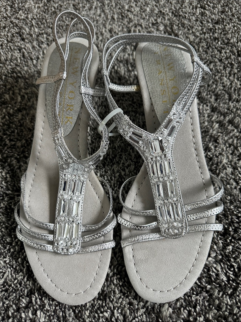 New York Transit Silver Jeweled T-Strap Sandals